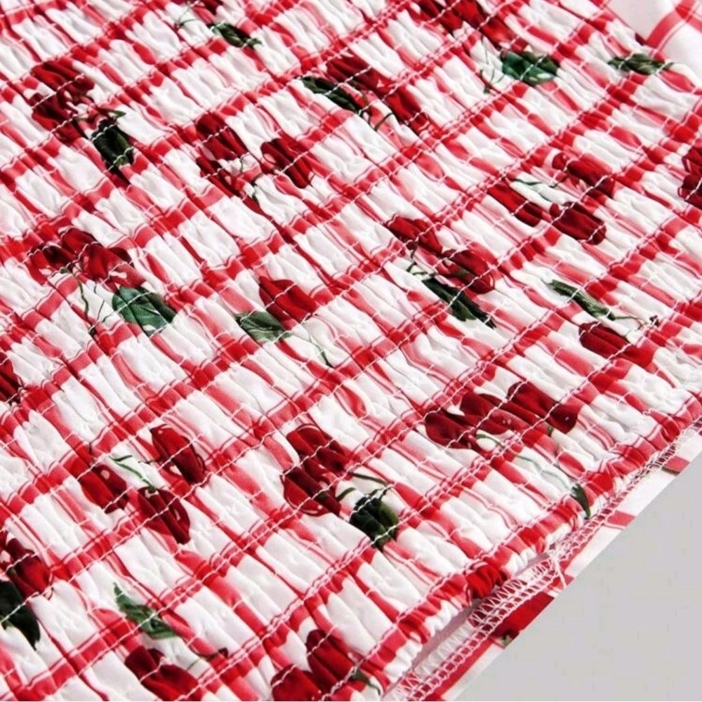 ROMWE Red and White Checkered Cherry Crop Top - Picture 7 of 7